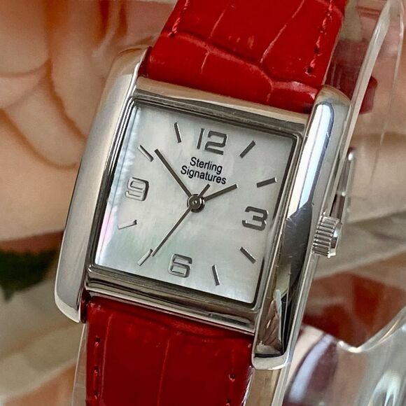 Sterling Signatures 925 Silver Tank Style Watch Mother of Pearl Dial Red Leather - Picture 2 of 16